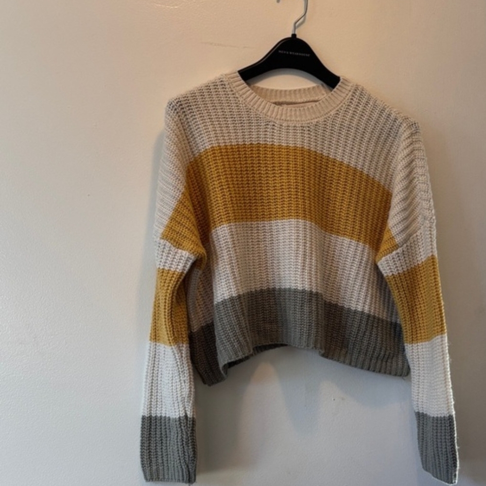 moon & madison Cropped Striped Crewneck Sweater in Mustard, Cream & Gray - Picture 1 of 2